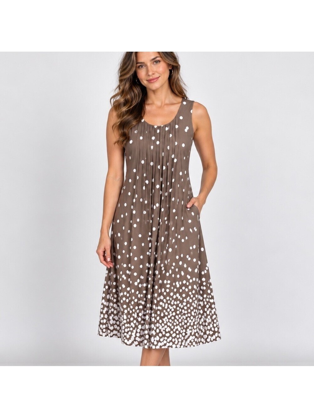 Perceptions New York Polka Dot Midi Dress M Brown Pleated Y2K Retro Modest